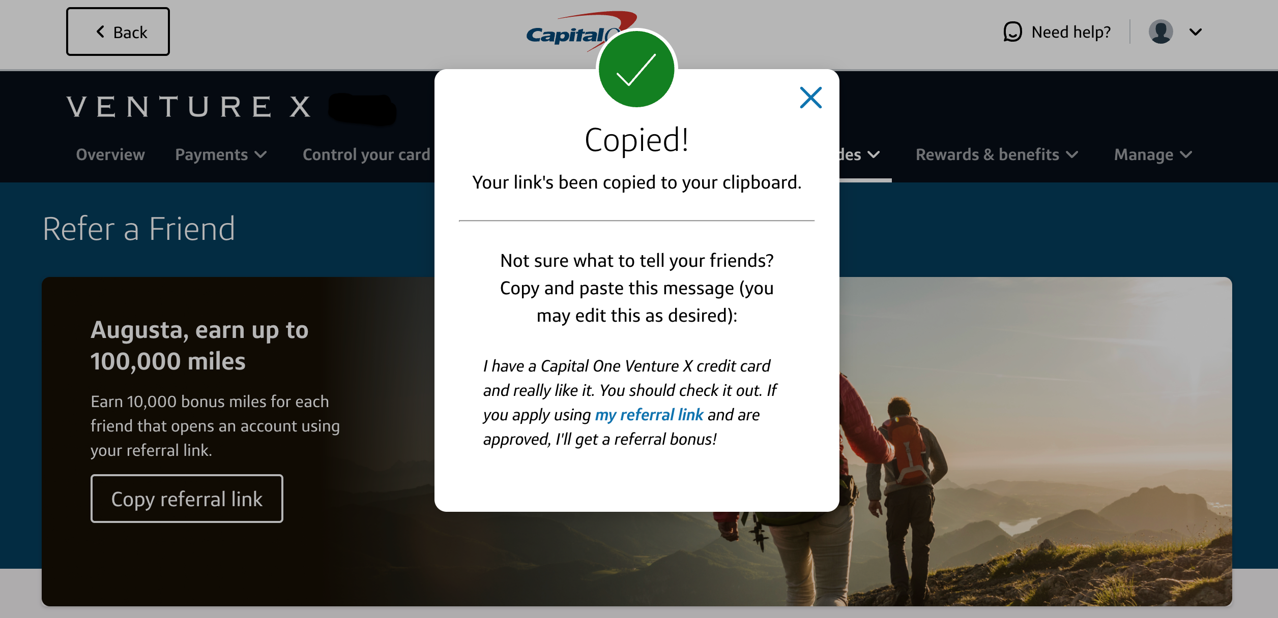 Capital one Refer a friend copy link example on Capital One website